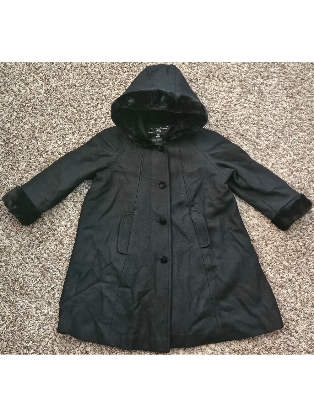 Stephanie Mathews Kids Black Wool Hooded Coat Size 6